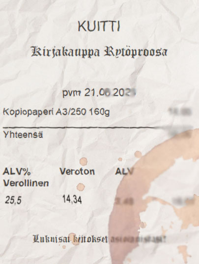 Kastunut kirjakauppa Rytöproosan kuitti, jossa ostettu kopipaperia, jonka veroton hinta on 14,34€ ja arvonlisäprosentti 25,5%.