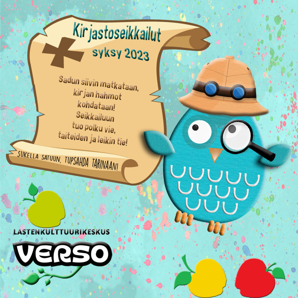 Kirjastoseikkailrun neliön muotoinen mainoskuva Instagramiin jossa turkoosi tausta, jonka päällä vasemmalla suuri aarrekartan näköinen pohja, jossa teksti: "Sadun siivin matkataan ja kirjan hahmot kohdataan!
Seikkailuun tuo polku vie, taiteiden ja leikin tie!", oikealla pöllöhahmo safarihattu päässään ja suurennuslasi siivessään, alareunassa punainen, vihreä ja keltainen omena ja järjestäjän logo.